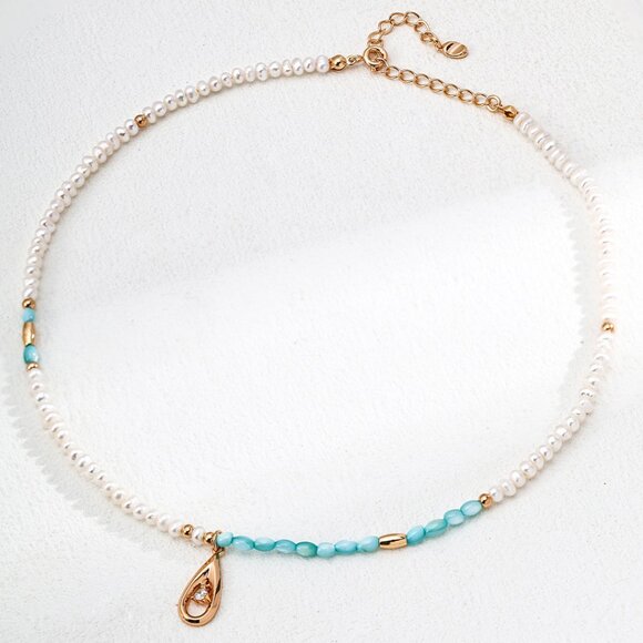 🌊 Artisan Original Pearl & Blue Mother-of-Pearl Choker | S925 Gold - Picture 1 of 5